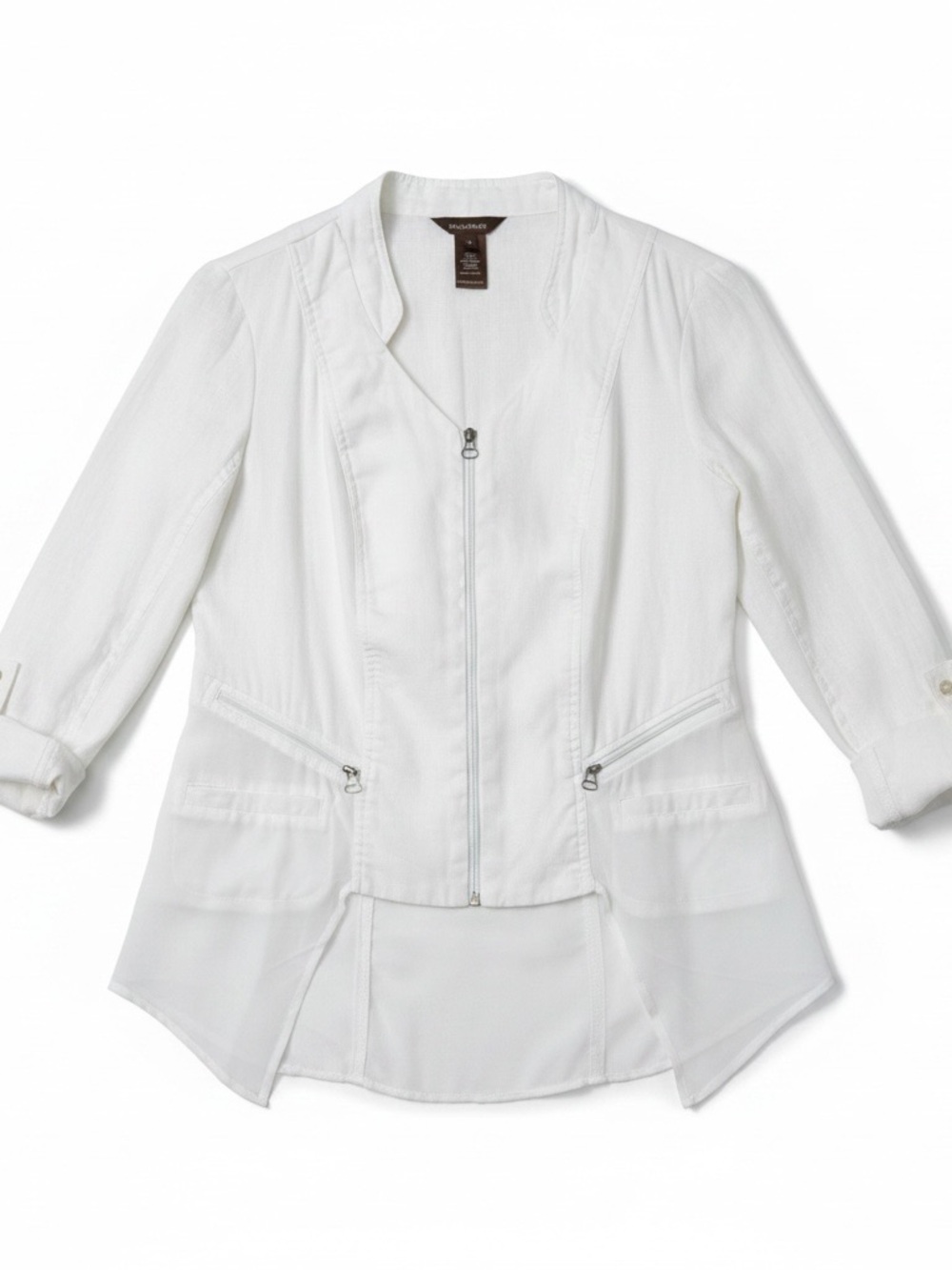 Multiples White Linen Mixed Media Jacket Size M Asymmetrical Hem Roll Tab Sleeve
